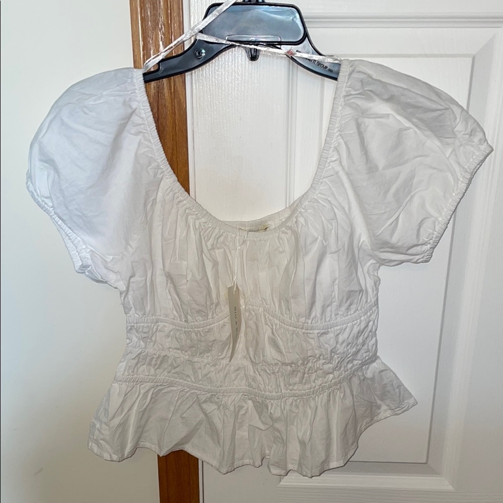 White Peplum Puff Sleeve Blouse